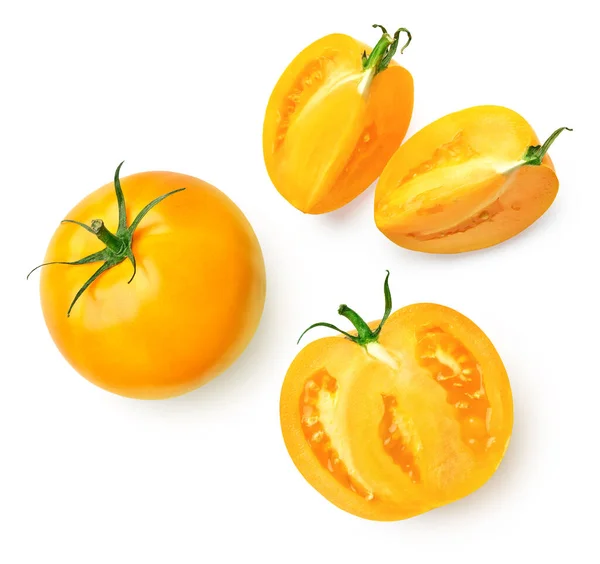Świeże Całe Pół Plasterki Żółtych Pomidorów Izolowane Białym Tle Widok — Zdjęcie stockowe