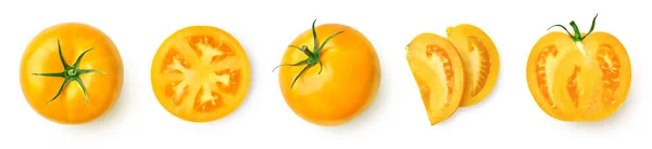 Ferske Hele Halve Avskårne Gule Tomater Isolert Hvit Bakgrunn Sett – stockfoto