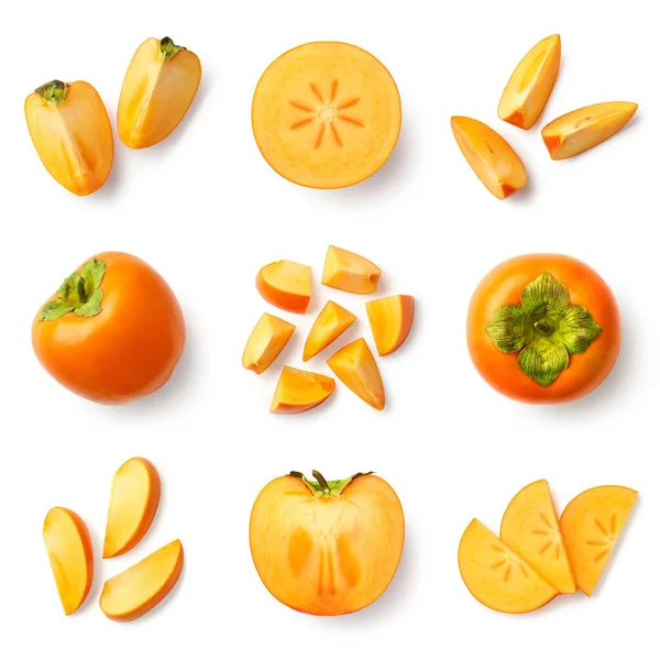 Set Van Vers Geheel Half Gesneden Persimmon Fruit Geïsoleerd Witte — Stockfoto