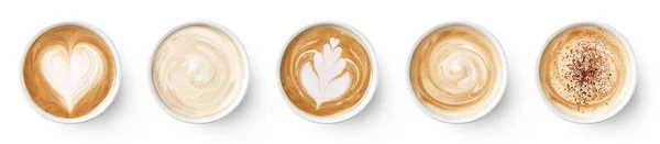 Uppsättning Papper Bort Koppar Olika Kaffe Latte Eller Cappuccino Isolerad — Stockfoto