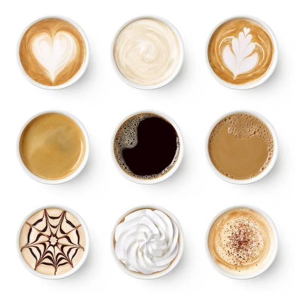 Set Verschiedener Kaffeesorten Papierbechern Zum Mitnehmen Isoliert Auf Weißem Hintergrund — Stockfoto