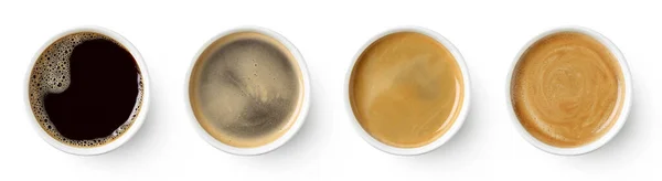 紙のセットは 白い背景に隔離された異なる黒コーヒーのカップを奪う トップビュー — ストック写真
