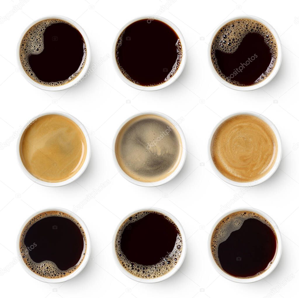 Set of paper take away cups of different black coffee isolated on white background, top view