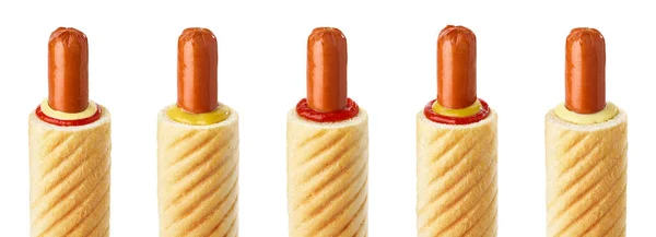 Francia Hot Dog Készlet Különböző Szószokkal Ketchup Mustár Majonéz Izolált — Stock Fotó