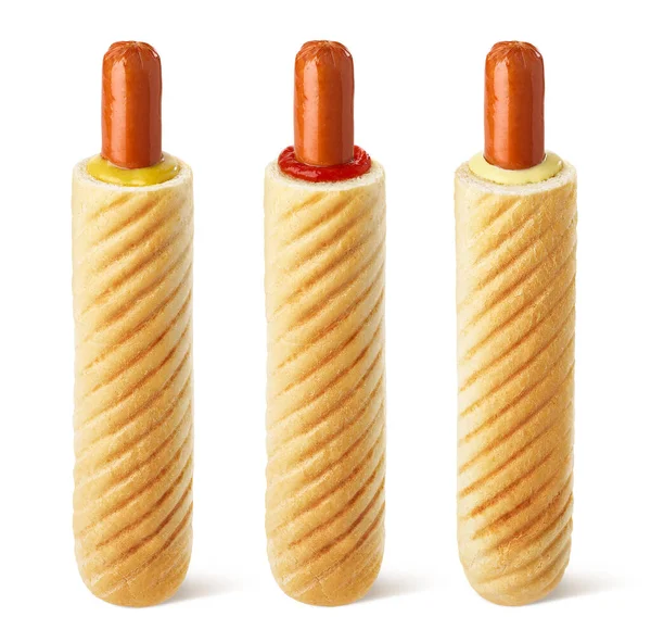 Set French Hot Dogs Different Sauces Ketchup Mustard Mayonnaise Isolated — Stock Photo, Image