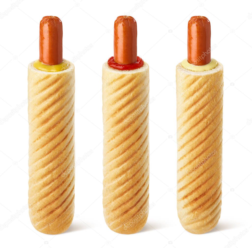 Set of French hot dogs with different sauces - ketchup, mustard and mayonnaise isolated on white background