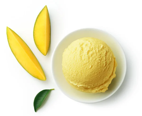 Miska Żółtego Mango Łyżka Lodów Lub Kula Izolowane Białym Tle — Zdjęcie stockowe