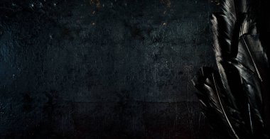 Cadılar Bayramı arka planında koyu grunge arkaplanda siyah kuzgun tüyleri var. Telif uzayı olan korkunç gotik tasarım. Kuş kanadı dokusuna yakın çekim.