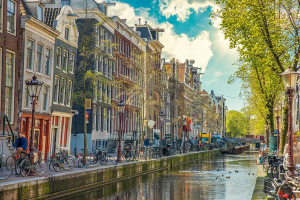 Ancient streets and canals in the city center of Amsterdam. Netherlands.