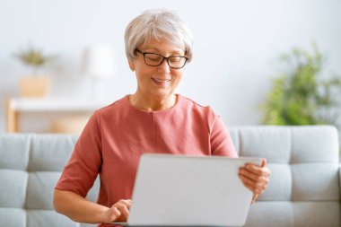 Neşeli, güzel, son sınıf öğrencisi kadın evdeki kanepede otururken dizüstü bilgisayar kullanıyor..