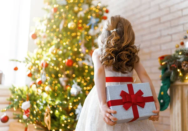 Feliz Navidad Felices Fiestas Alegre Niña Linda Con Regalo Chico — Foto de Stock