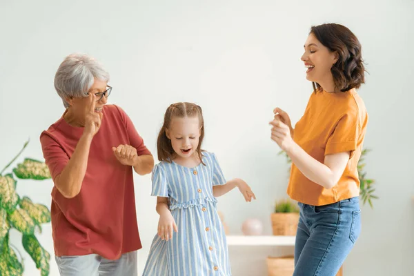 Happy Day Grandmother Mother Daughter Child Girl Playing Smiling Dancing — Stock Photo, Image