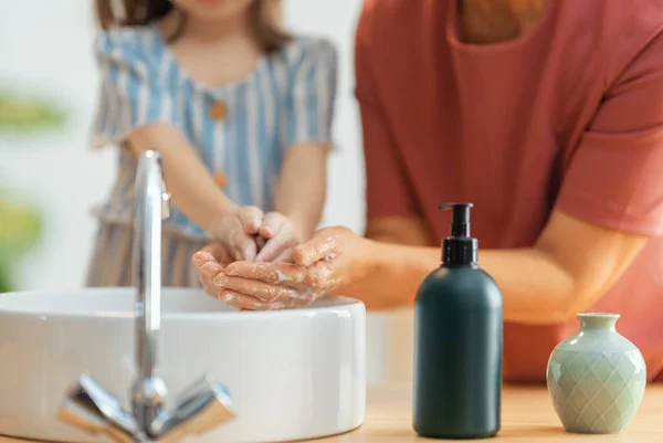 Cute Little Girl Her Grandmother Washing Hands Protection Infections Viruses — Stock Photo, Image