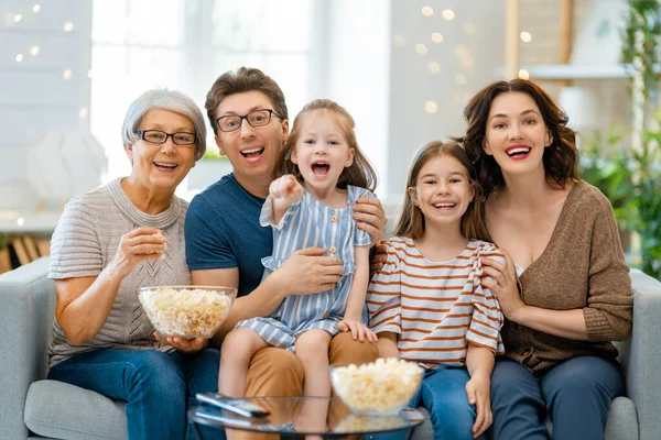 Happy Family Watching Popcorn Home Granny Mother Father Daughters Spending — Stock Photo, Image