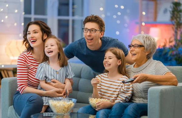 Happy Family Watching Projector Movies Popcorn Evening Home Granny Mother — Stock Photo, Image