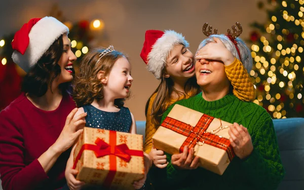 Merry Christmas Happy Holidays Cheerful Kids Presenting Gifts Mom Granny — Stock Photo, Image