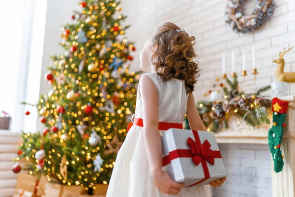 Feliz Navidad Felices Fiestas Alegre Niña Linda Con Regalo Chico —  Fotos de Stock