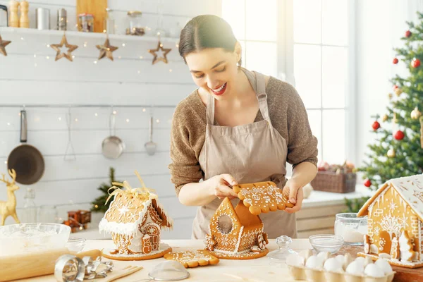 Vrolijk Kerstfeest Fijne Feestdagen Familie Voorbereiding Vakantie Voedsel Vrouw Koken — Stockfoto