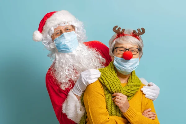 Feliz Navidad Felices Fiestas Santa Claus Renos Sobre Fondo Color — Foto de Stock