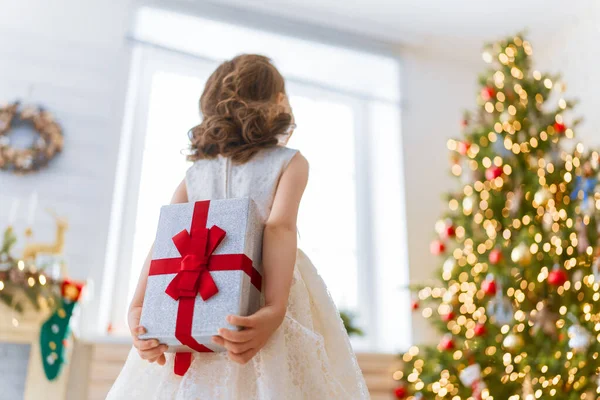 Feliz Navidad Felices Fiestas Alegre Niña Linda Con Regalo Chico —  Fotos de Stock