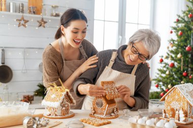 Mutlu Noeller ve mutlu tatiller. Aile hazırlığı bayram yemeği. Anne ve kızı zencefilli ekmek evi pişiriyor..