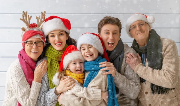 Merry Christmas Happy Holidays Winter Portrait Loving Family White Wooden — Stock Photo, Image