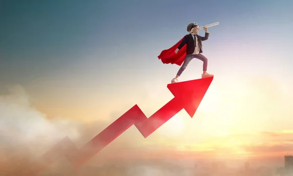 Superheld Zakenman Kind Zonsondergang Achtergrond Het Concept Van Succes Leiderschap — Stockfoto