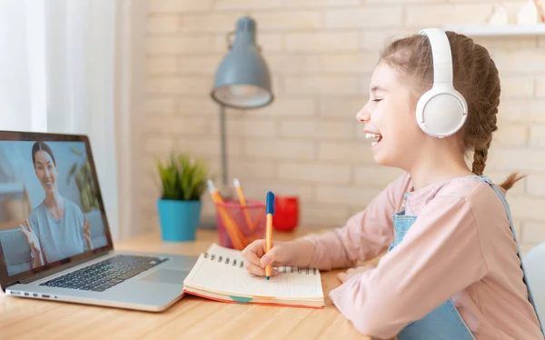 Back School Happy Child Sitting Desk Girl Doing Homework Online — Stock Photo, Image