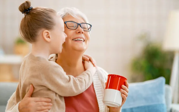 Nice Girl Her Grandmother Enjoy Sunny Morning Good Time Home — Stock Photo, Image