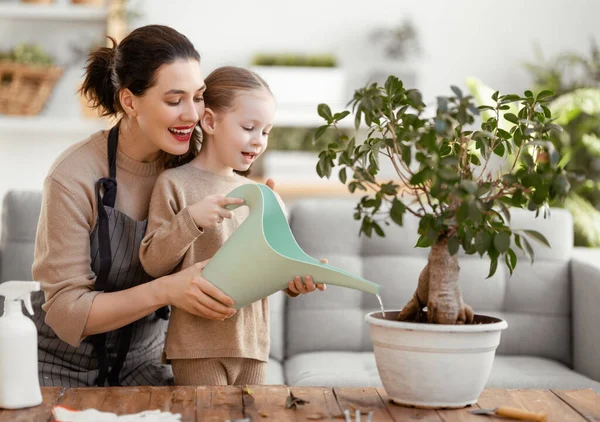 Linda Niña Ayudando Madre Cuidar Las Plantas Mamá Hija Dedicándose — Foto de Stock