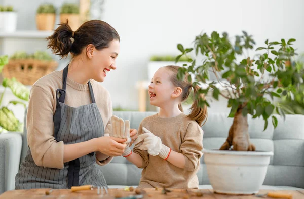 Cute Child Girl Helping Her Mother Care Plants Mom Her — Stock Photo, Image