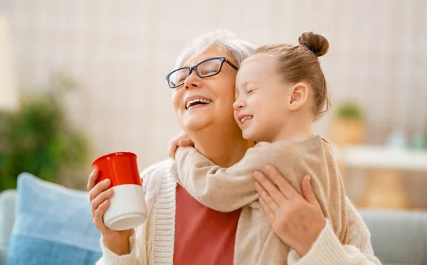 Nice Girl Her Grandmother Enjoying Sunny Morning Good Time Home — Stock Photo, Image