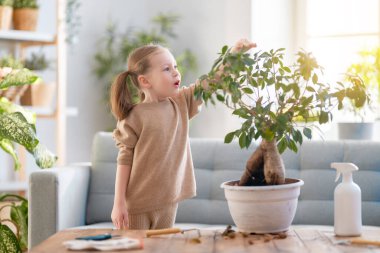 Şirin çocuk bitkilerle ilgileniyor. Evde bahçıvanlık yapan bir kız. Bahar gününde mutlu bir çocuk.
