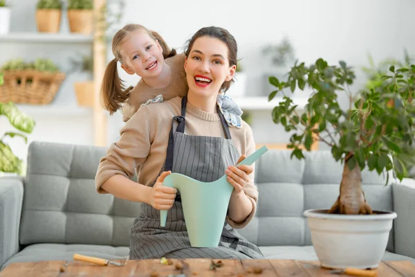 Cute Child Girl Helping Her Mother Care Plants Mom Her — Stock Photo, Image