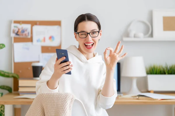 Happy Casual Beautiful Woman Working Home Office — Stock Photo, Image