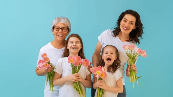 Happy Women Day Children Daughters Congratulating Mom Grandma Giving Them — Stock Photo, Image