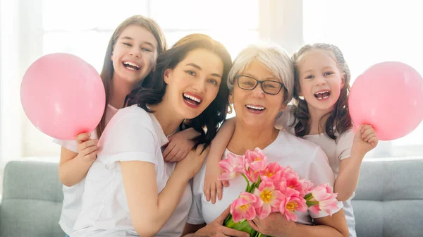 Happy Women Day Child Daughters Congratulating Mom Granny Giving Them — Stock Photo, Image