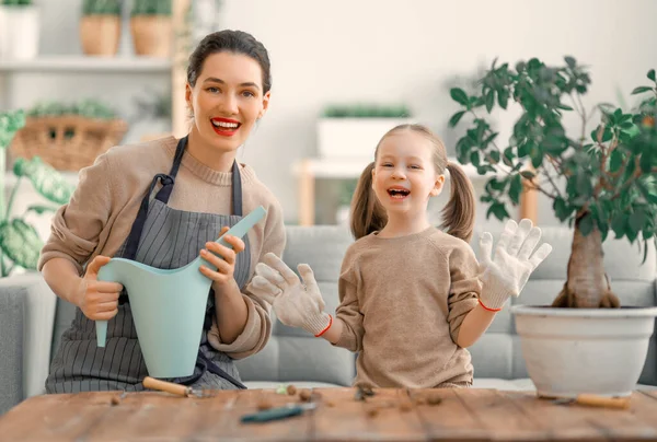 Cute Child Girl Helping Her Mother Care Plants Mom Her — Stock Photo, Image