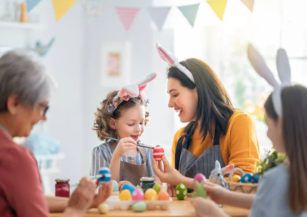 Mother Grandma Children Painting Eggs Happy Family Preparing Easter Cute — Stock Photo, Image