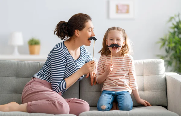 Mom Her Child Daughter Playing Home Cute Girl Holding Paper — Stock Photo, Image