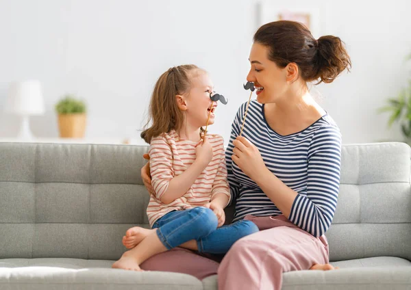 Mom Her Child Daughter Playing Home Cute Girl Holding Paper — Stock Photo, Image