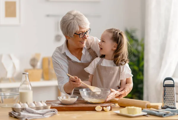 Happy Loving Family Preparing Bakery Together Granny Child Cooking Cookies — Stock Photo, Image