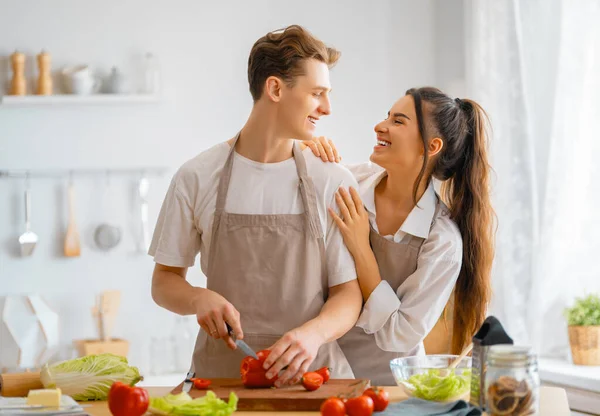 Healthy Food Home Happy Loving Couple Preparing Proper Meal Kitchen — Stock Photo, Image