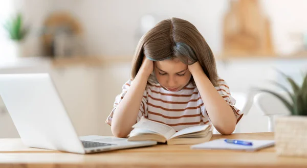Back School Unhappy Child Sitting Desk Girl Doing Homework Online — Stock Photo, Image
