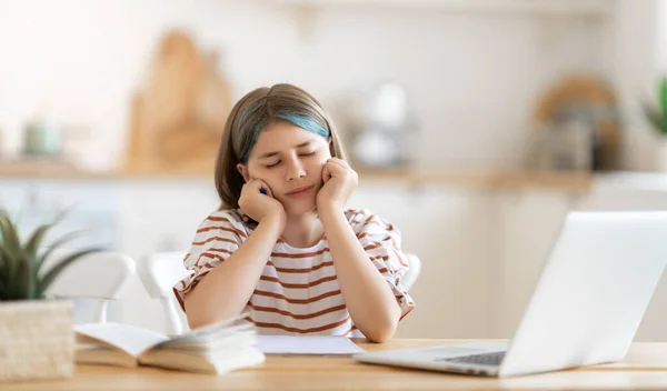 Back School Unhappy Child Sitting Desk Girl Doing Homework Online — Stock Photo, Image