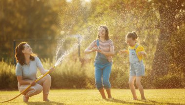 Mutlu aile arka bahçede oynuyor. Anne sıcak yaz gününde çocuklarını serpiyor..