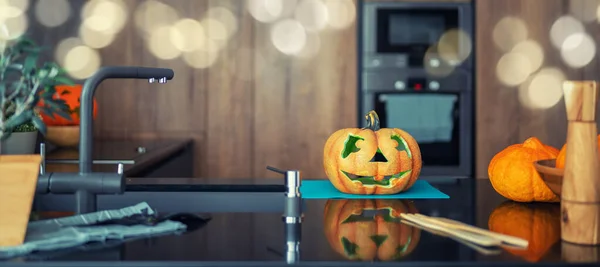 Esculpir Abóbora Mesa Casa Família Feliz Preparando Para Halloween — Fotografia de Stock