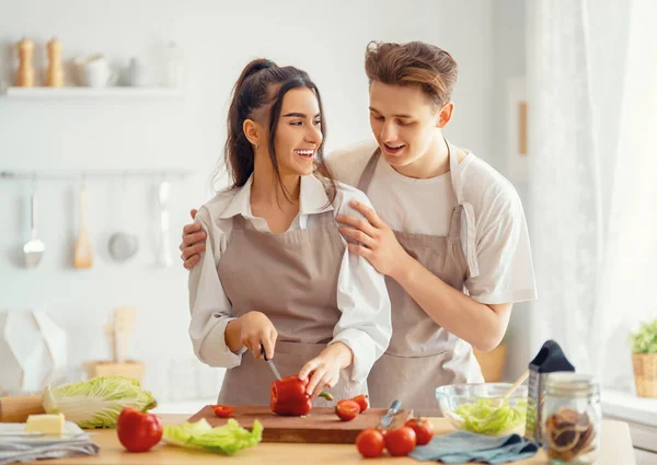 Healthy Food Home Happy Loving Couple Preparing Proper Meal Kitchen — Stock Photo, Image