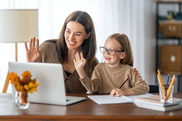 Back School Happy Child Adult Sitting Desk Girl Doing Homework — Stock Photo, Image