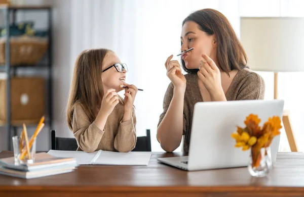 Back School Happy Child Adult Sitting Desk Girl Doing Homework — Stock Photo, Image